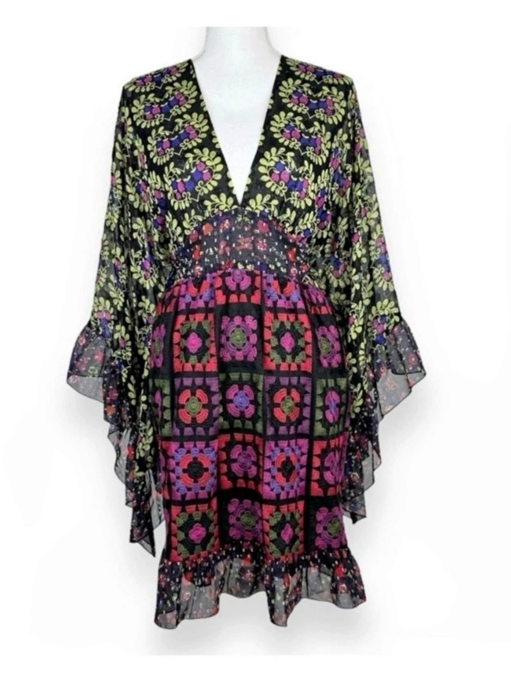 Anna Sui Floral Mini Dress in Black, Green & Pink Size Medium NWT